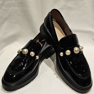 Stuart Weitzman Portia Pearl- Embellished Patent Leather Loafers, 37.5- SOLD!!